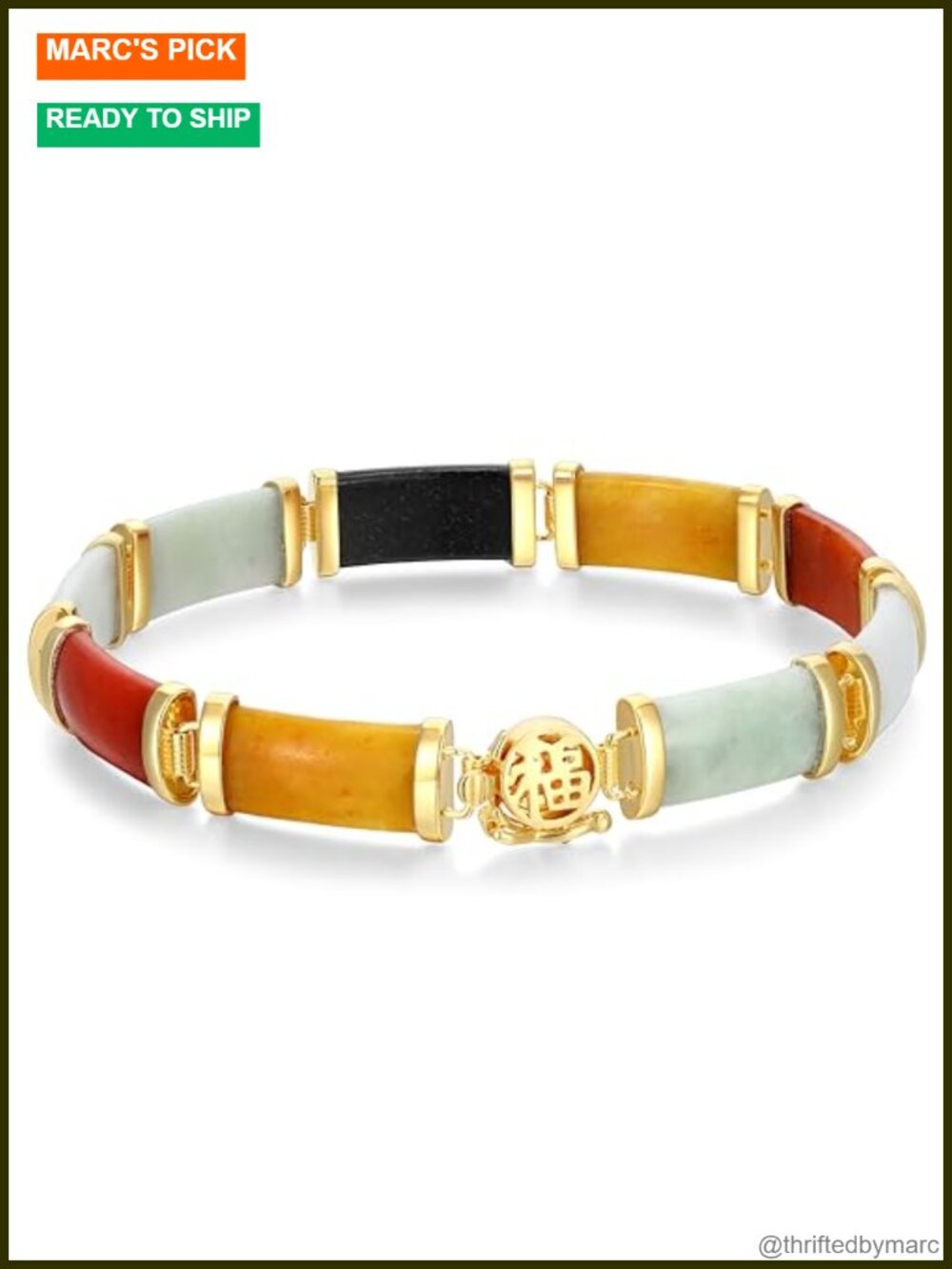 18k Yellow Gold Plated Sterling Silver Multi-Color Jade Link Bracelet 7.25in